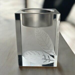 Vtg Oleg Cassini Signed Crystal Votive Candle Holder Leaf Etched Cube Modern Dec